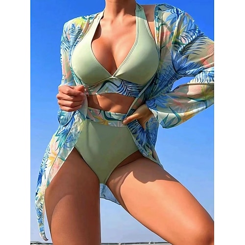 Damen Bikini 3-teiliger Badeanzug Palm Höschen Slim Rückenfrei Urlaubs Strandbekleidung Florale Blätter Halterneck Ärmelloser Badeanzug Image