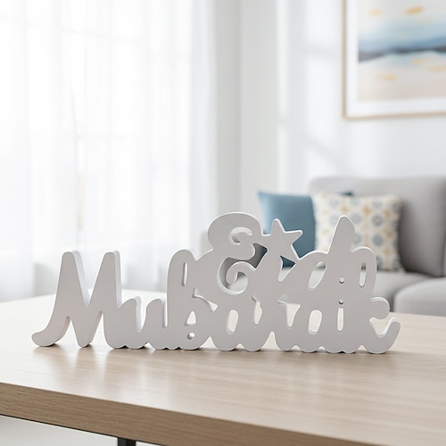 Ramadan Eid Mubarak Dekoration mit weißen Buchstaben – minimalistisches Sterndesign, Buchstabenornament für die Eid-Feierlichkeiten, perfekt für Eid al-Fitr Dekoration für Zuhause und festliche Image