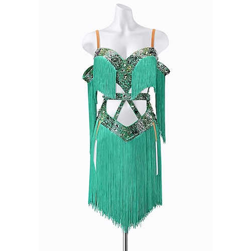 Damen-Tanzkleid in Türkisgrün mit Pailletten und Fransen – asymmetrisches Ballsaal-Kostüm mit kalten Schultern Image