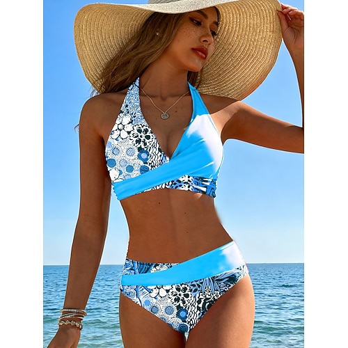 2-teiliger Damenbikini Badeanzug Frech Modisch Stilvolle Blumengrafik Ärmellos Badeanzüge Image
