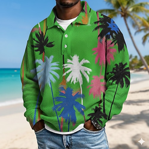 Herren Palme Waffel-Poloshirts Langarm Polo-Shirts Revers Hawaiianisch Athleisure Alltagskleidung Urlaubskleidung 3D-Druck Frühling Herbst Winter Gelb Grün Regenbogen Image