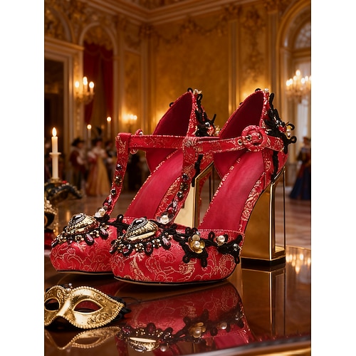 Damen Mardi Gras Barock-inspirierte Karneval T-Strap Heels – Verzierter Satin-Pumps mit goldenen Akzenten Strasssteinen und klobigen Absätzen für Maskeradenbälle und Feierlichkeiten Image
