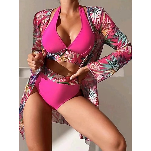 Damen Bikini 3-teiliger Badeanzug Palm Höschen Slim Rückenfrei Urlaubs Strandbekleidung Florale Blätter Halterneck Ärmelloser Badeanzug Image