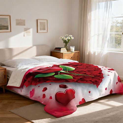 Flanelldecke mit Valentinstagsrosen-Motiv, Sofadecke, Bürodecke, Klimaanlagendecke, hautfreundlich für Kinder und Erwachsene, Schlafzimmer Image