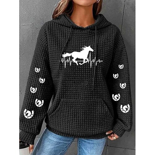 Damen Kapuzenpullover Tasche Druck Grafik Tiermotiv Lässig Langarm Mit Kapuze Normale Oberteile Lässig Straße Alltagskleidung Schwarz Weiß Rosa Grau Herbst Winter Image