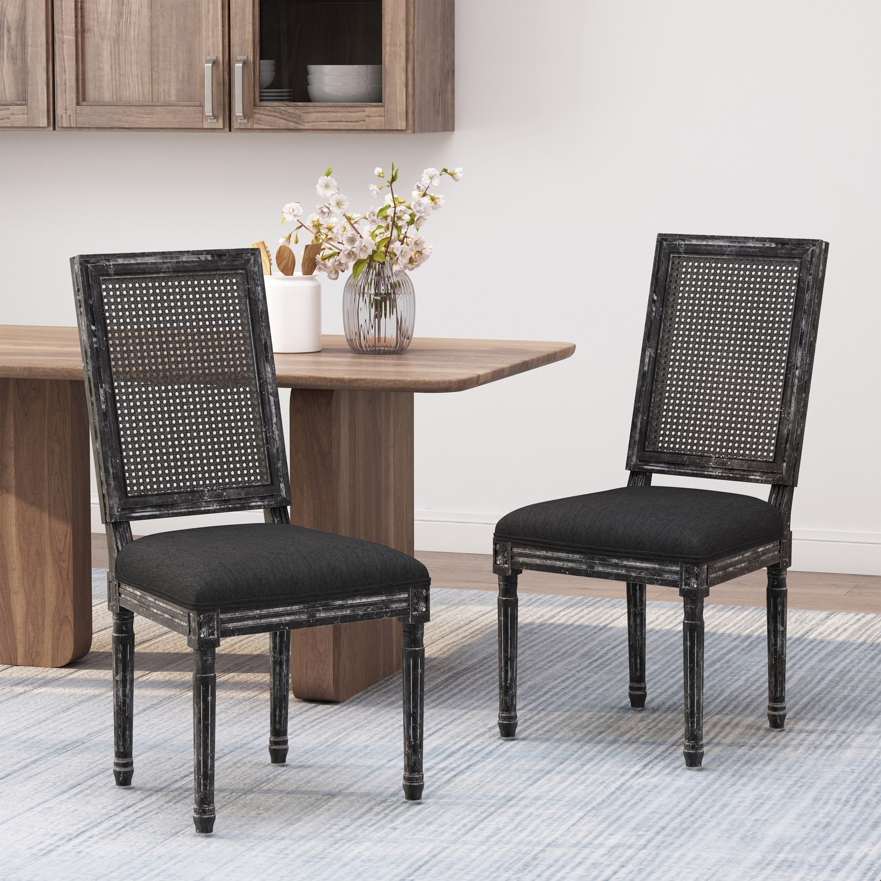 Set of 2 Office Chair Leisure Chair Upholstered Chair with Rectangular Rattan Backrest, Black Dining Chair Side Chair