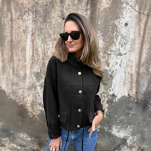 Manteau d'Hiver Femmes Sortir Décontracté Quotidien Décontracté Quotidien Cordon de serrage Régulier Manteau Bleu Gris foncé Noir Automne Hiver Simple Boutonnage Col montant Coupe régulière S M L XL