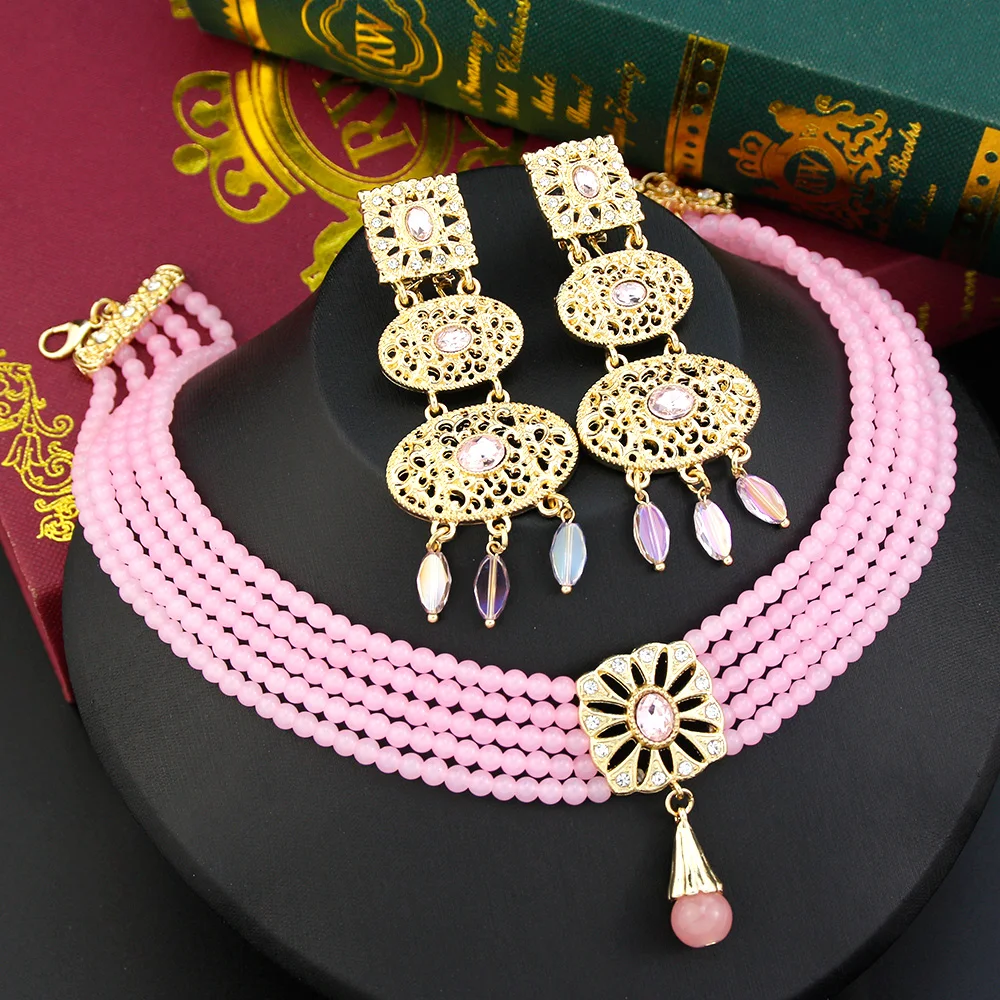 Sunspicems Color oro marocco Bead Choker collana orecchino sposa Set di gioielli da sposa per le donne Set di orecchini pendenti a mano arabi