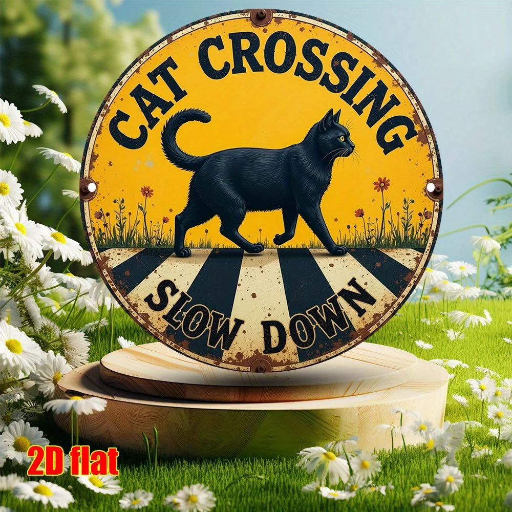 2D flach, 1 Stück Vintage „Cat Crossing Slow Down“ Metallschild – 7,8 x 7,8 Zoll Aluminium-Wanddekoration mit schwarzer Katzensilhouette, gelber Ba Image