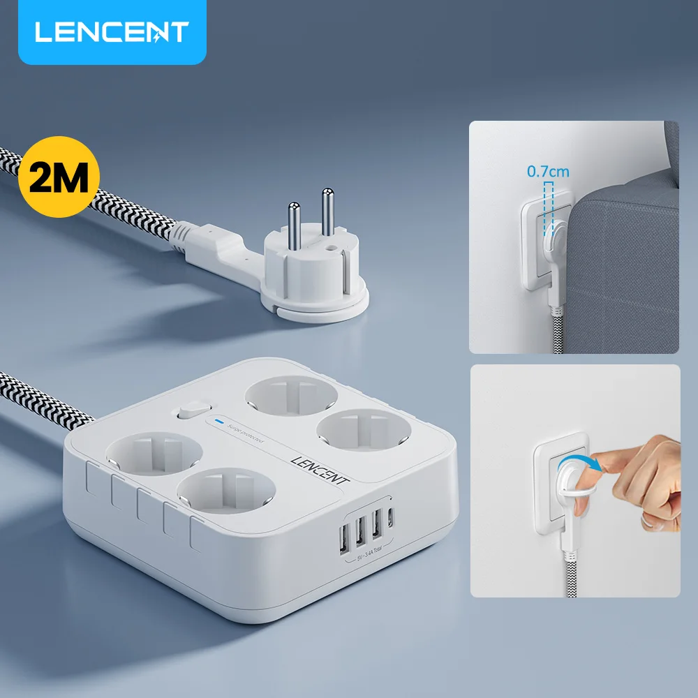 LENCENT EU-Stecker-Steckdosenleiste mit 4 AC + 3 USB + 1 Typ C, 2 m/3 m geflochtenes Kabel, 700 J Überspannungsschutzsteckdose mit Schalter für Zuhause Image