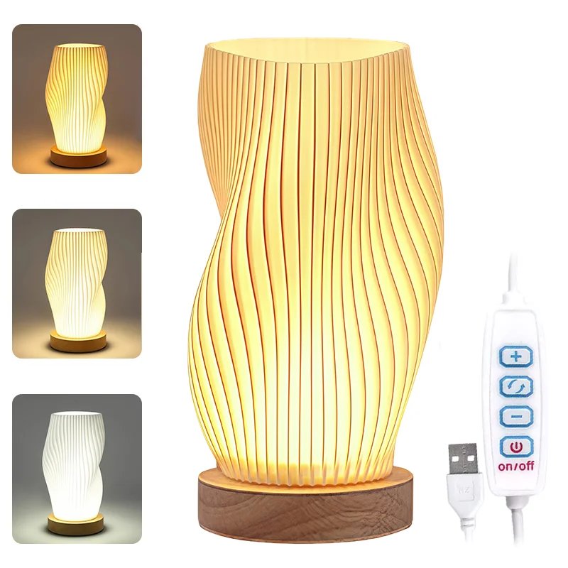 Kreative Nachttischlampe im cremefarbenen Stil – knopfgesteuerte Schlafzimmer-Tischlampe, dimmbare Nachttischlampe mit PLA-Lampenschirm