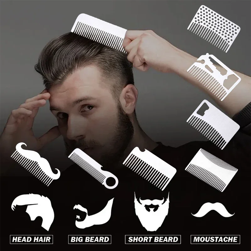 Edelstahl männer Bart Kamm Tragbare Mini Öl Kopf Kamm Für Friseur Schnurrbart Pflege Gestaltung Werkzeuge Taschenformat Haar Kamm Image