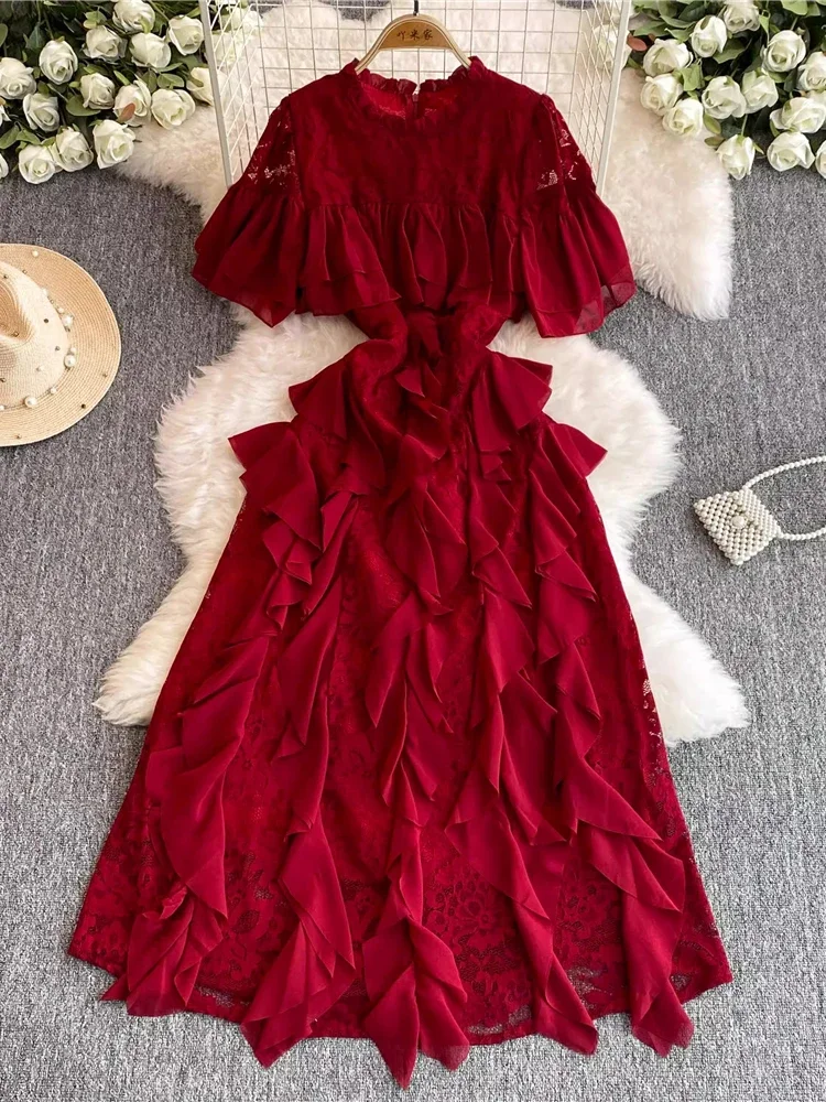 Sommer Frauen Spitze Rüschen Patchwork Party langes Kleid elegante runde Kragen Kurzarm A-Linie rot/blau/gelb/grün Vestidos neu