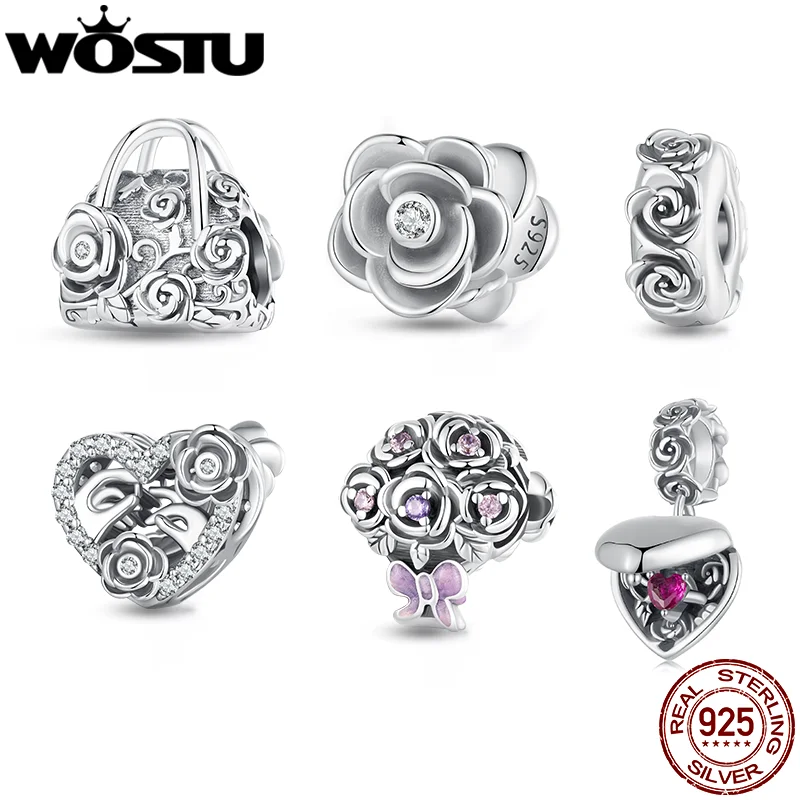 WOSTU 925 Sterling Silber Vintage Rose Charms Stopper Perlen Romantische Hochzeit Blume Anhänger Fit Original Armband DIY Halskette