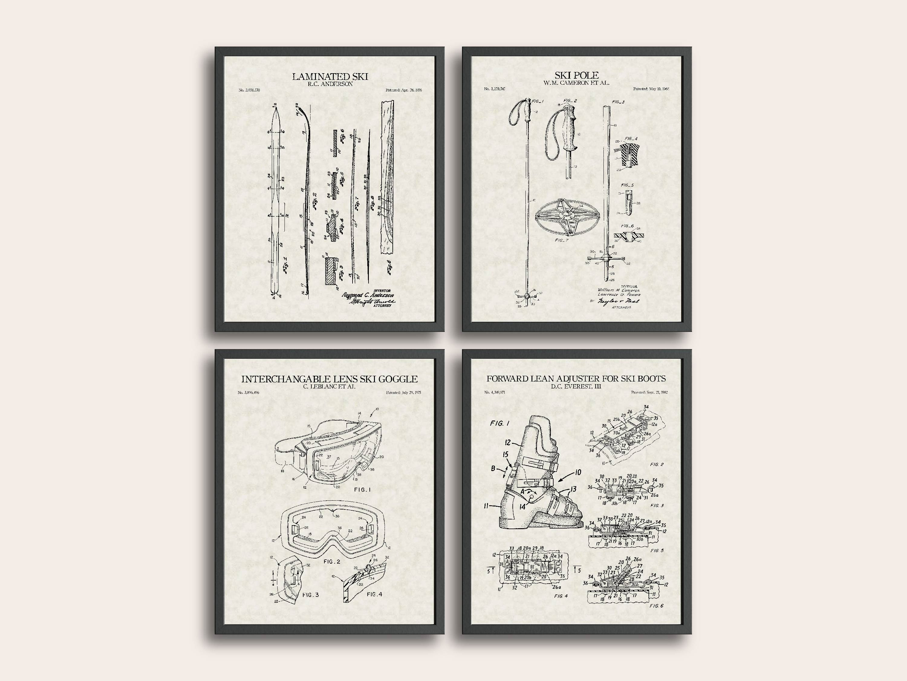 Set di 4 stampe di brevetti di sci / Stampe di brevetti di sci / Stampa di attrezzature sportive / Arte murale vintage / Arte di brevetti / Decorazion