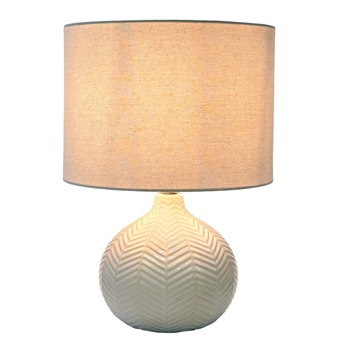 Relaxdays Tischlampe, Fischgräten-Muster, Keramikfuß, Stoffschirm, E27, HxD: 42 x 30 cm, Nachttischlampe mit Kabel, weiß Image