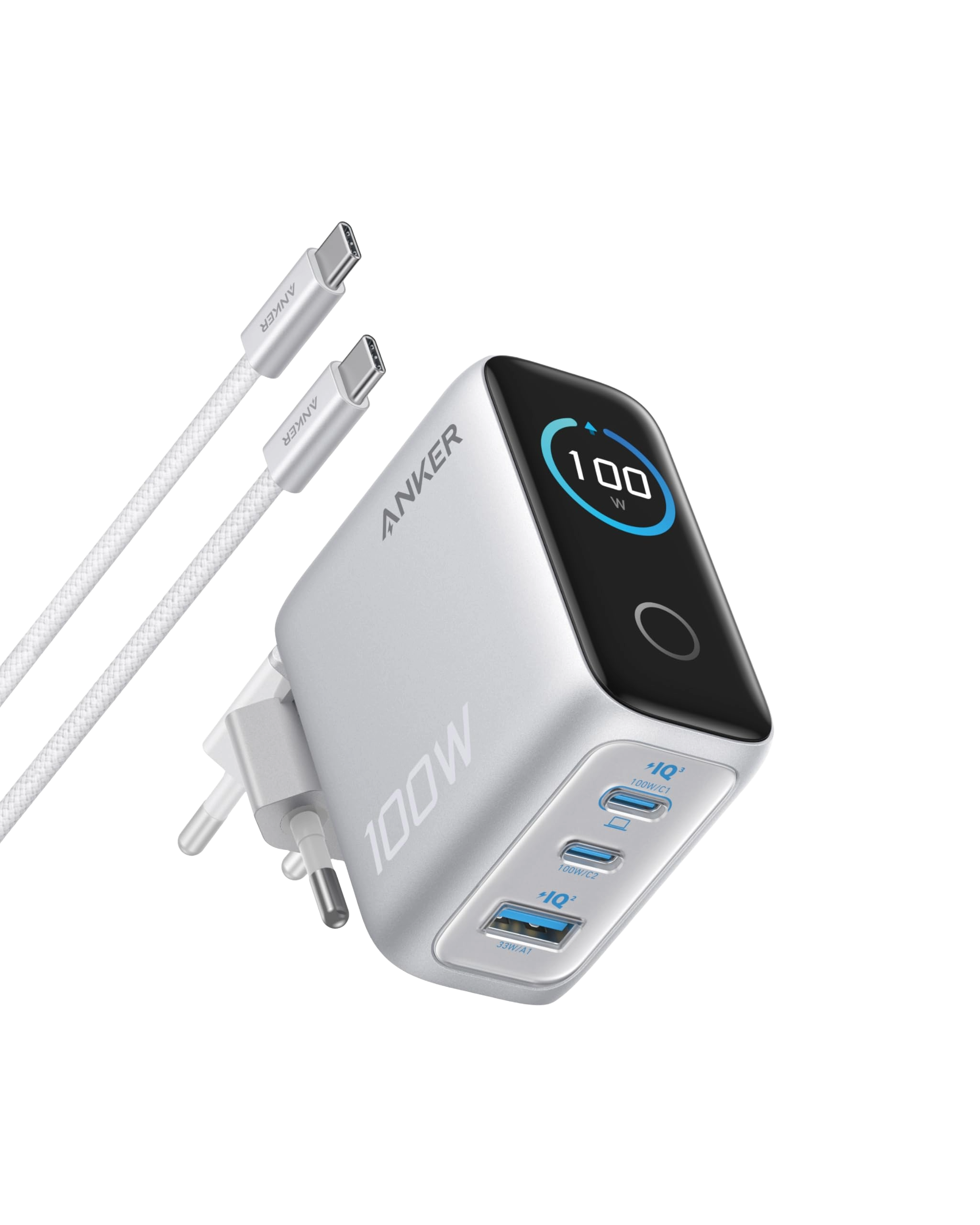 Anker Ladegerät (100W, 3 Ports, Smart Display) mit USB-C Kabel Image