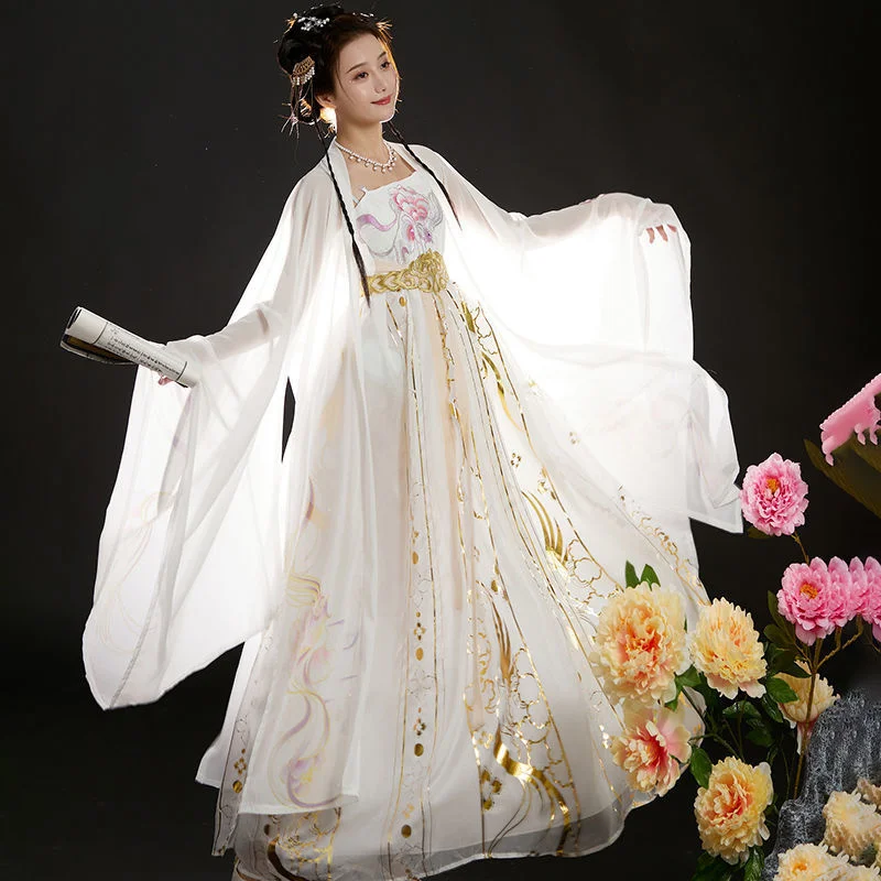 Tang-Dynastie Weißes Hanfu-weibliches Hemd mit lockeren Ärmeln, bestickt, antikes Kostüm, tägliche Fee, elegante Frau, chinesische Kleider