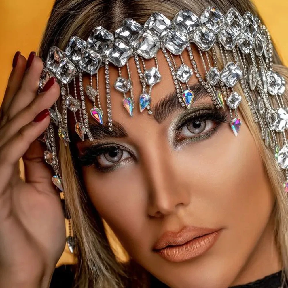 Stone fans quadratische Kristall haar kette Flapper Cap Braut zubehör Hochzeit Kopf bedeckung Strass Stirn Stirnband Party Schmuck Image