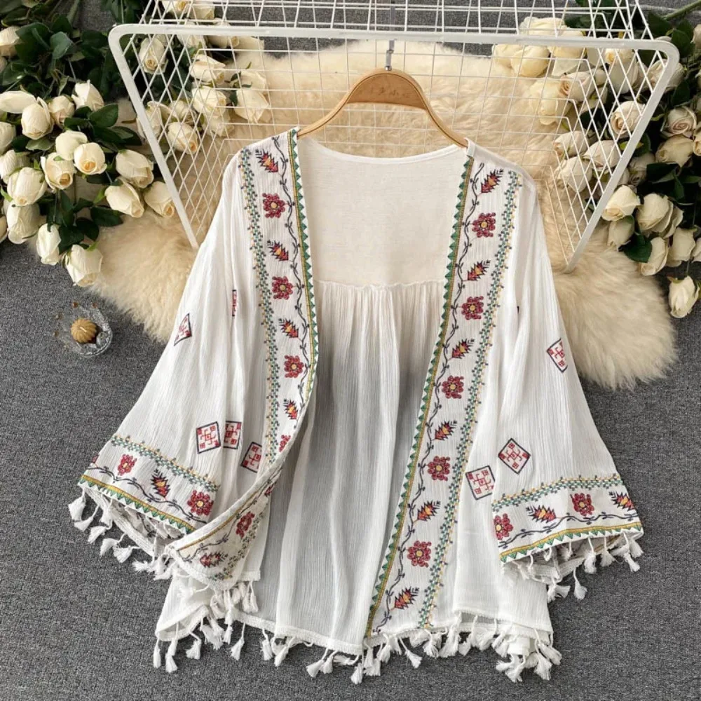 Sexy Boho Quaste Stickerei Sheer Lose Strand Cover Up Casual Abdeckung-ups Urlaub Strand Kleid Strand Tragen Bademode Weibliche frauen Image