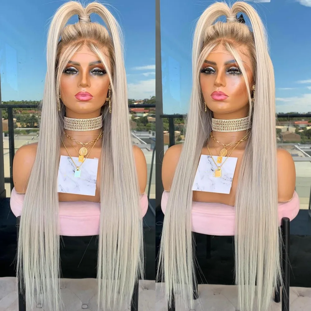 Lange gerade Lace-Front-Perücke in Platin-Aschblond mit braunen Wurzeln, vorgezupfte, hitzebeständige synthetische Lace-Perücken für den täglichen Gebrauch Image