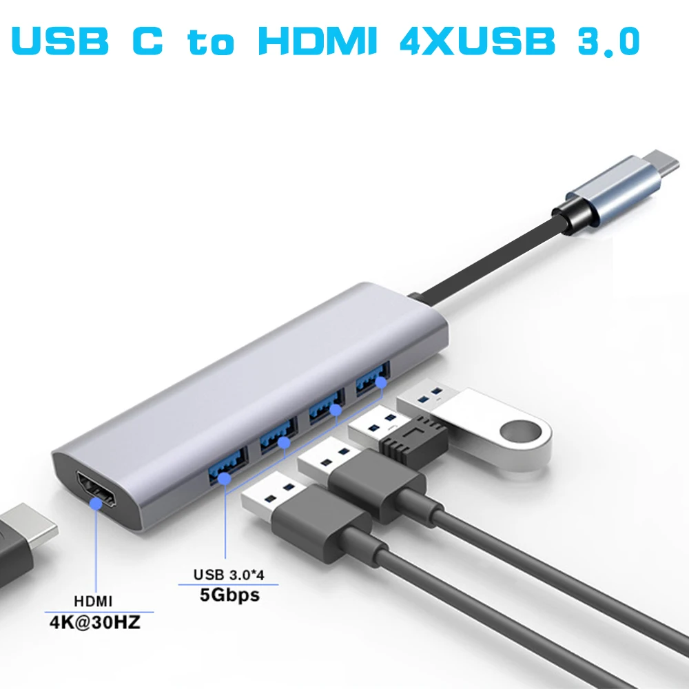 USB C zu HDMI USB 3.0 HUB Typ C 5-in-1HUB 4K USB-C zu HDMI+USB 3.0 X4 für MacBook Pro Air Mini Dell XPS13/15 iPhone 16 Plus Image