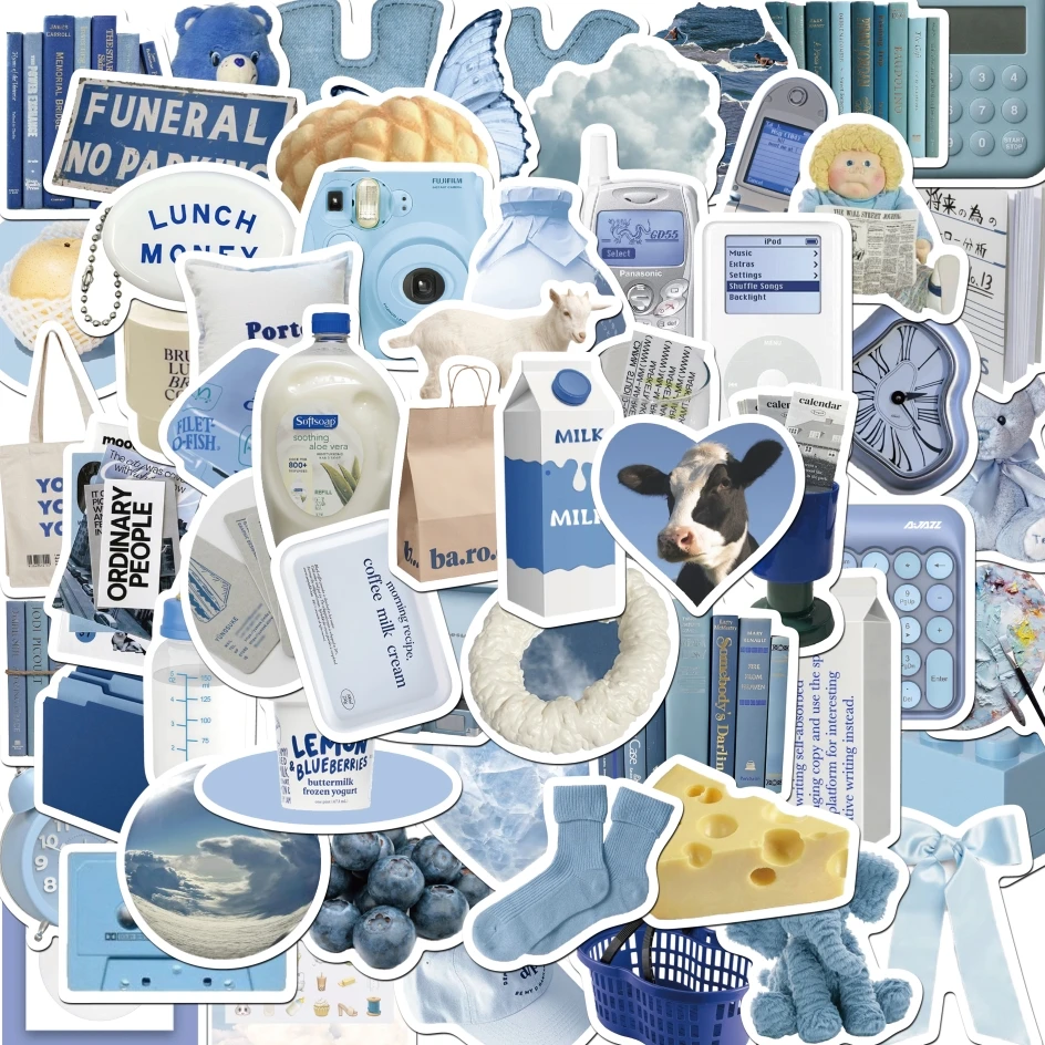 50pcs blaue series stickers ästhetische aufkleber dekoration kawaii aufkleber selbst klebende scrap booking aufkleber für kinder Image
