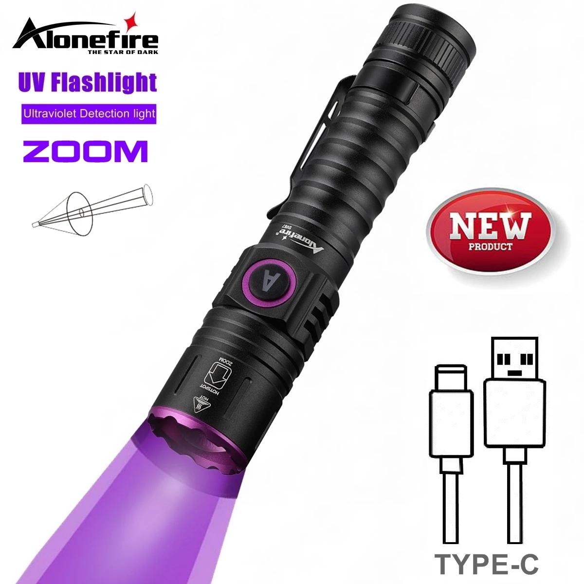 Zoom UV-LED-Taschenlampe 365 395 nm Typ-C-Aufladung, unsichtbare Tinte, Marker, Katze, Hund, Urin, Tinea, Erz, Geld, Skorpion, Fluoreszenzlicht Image