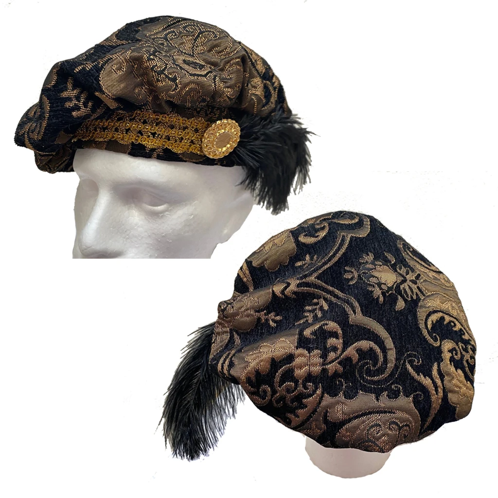 Neu! !! Mittelalterliche 15. Jahrhundert Renaissance Tudor elisabethanische revolutionäre schwarze und goldene Brokatmütze Muffin Poet Floppy Hat Image