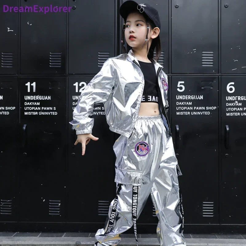 Jungen Hip Hop Silber Jacke Mädchen Jazz Jogger Hosen Kleidung Set Kinder Pailletten Street Dance Kostüme Teen Glänzende Kind Streetwear