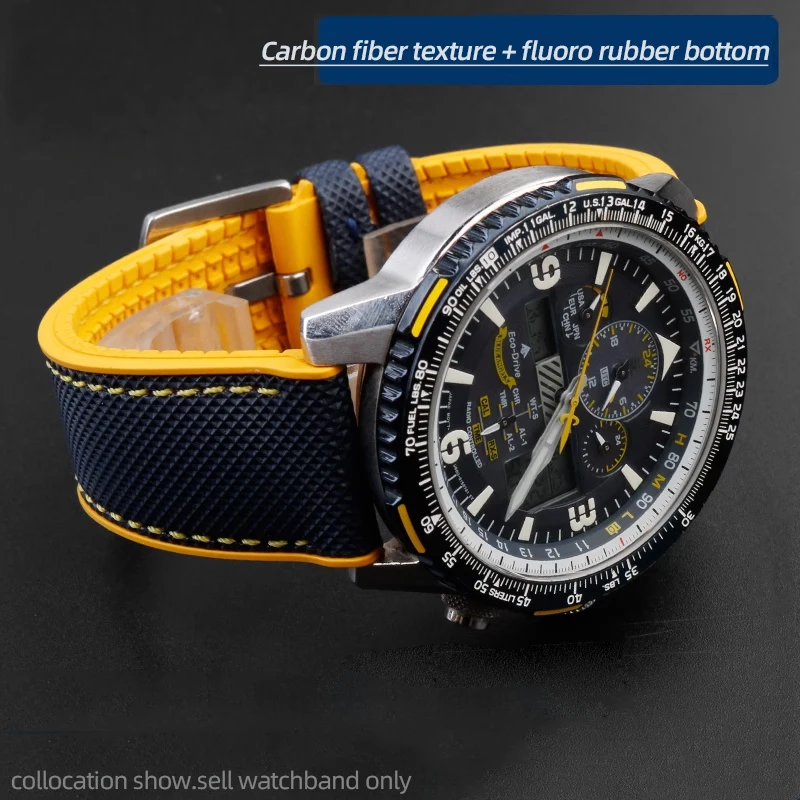 Für Citizen Blue Angel Second Three Generation AT8020 JY8020 8078 Nylon-Fluorkautschuk-Silikon-Armband 22 m 23 mm blaues Armband Image