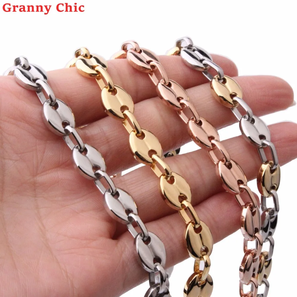 Granny Chic Fashion 8 Zoll - 32 Zoll zur Auswahl Hip-Hop 7/9/11 mm Edelstahl Kaffeebohnen Kette Halskette Herren Damen Schmuck