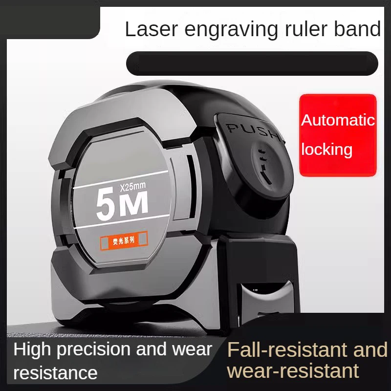 Selbstsicherndes Stahlbandmaß, schwarz, fluoreszierendes Band, 5 m, hochpräzises, verdicktes, verschleißfestes, sturzsicheres Maßband Image
