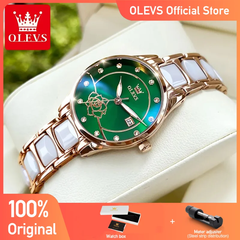 OLEVS Luxus Frauen Uhr Kamelie Quarz Japan Bewegung 30M Wasserdichte Uhr Für Frauen Keramik Frauen Armbanduhr Image