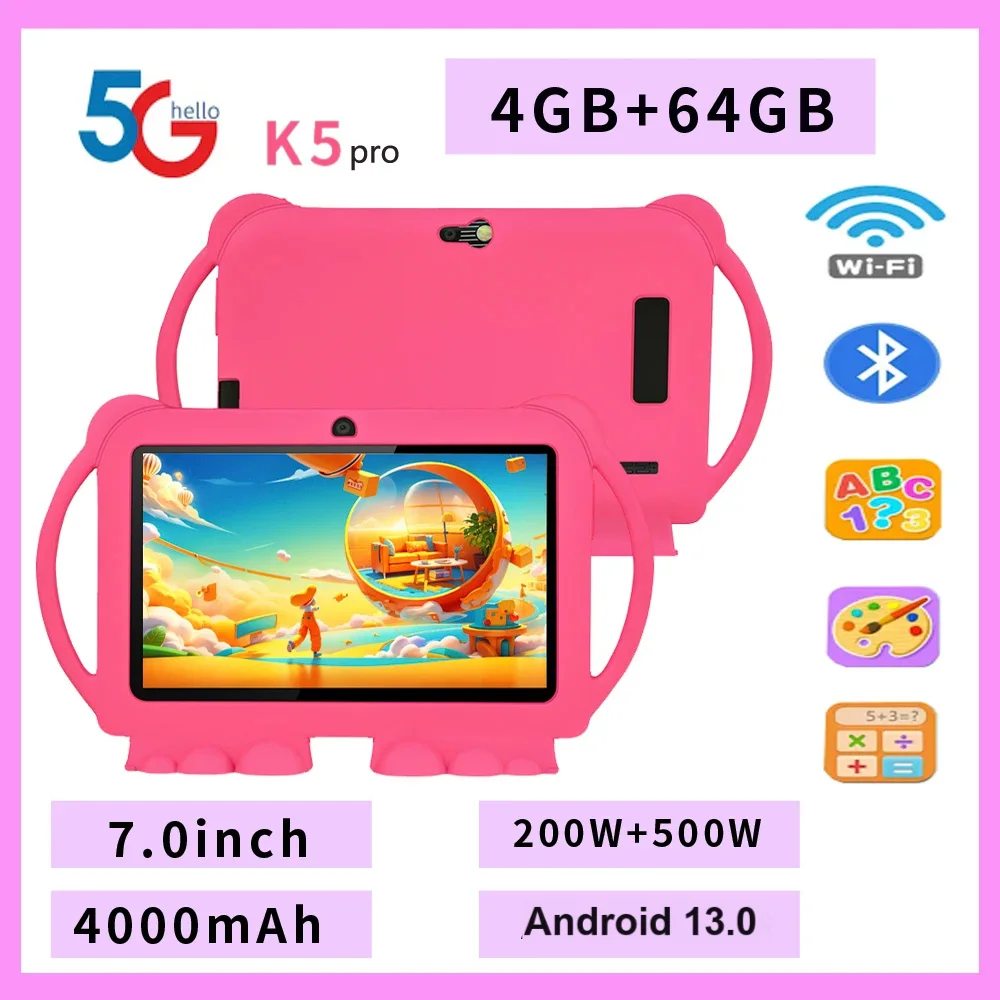 Neues 5G WIFI 7-Zoll-Kindertablett 4 GB + 64 GB ROM Mini Pad Quad Core Dual-Kameras Kindersichere Schutzhülle Tablets Android 13 Image
