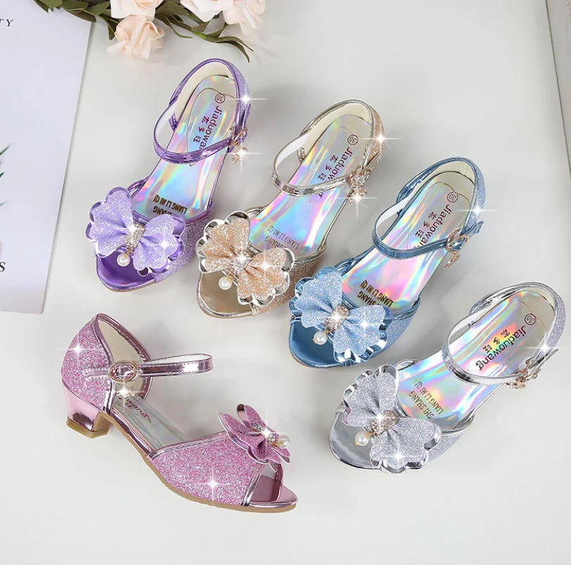 10 Farben Kinder Prinzessin Sandalen Kinder Mädchen Hochzeit Schuhe High Heels Kleid Schuhe Bowtie Gold Rosa Blau Silber Schuhe für Mädchen Image