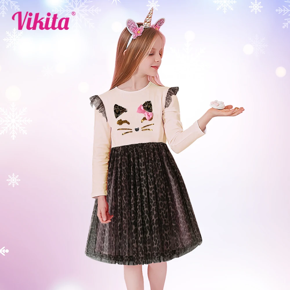 VIKITA Mädchen Kleid Fliegen Sleeve Kinder Party Kleid Kinder Leopard Mädchen Gaze Rock Kleid Ball Kleider Kinder Kleidung 3-8 jahre Image