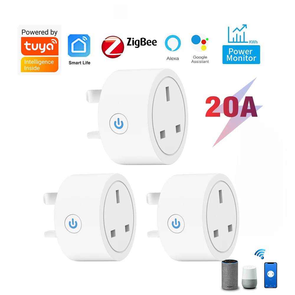 20a Tuya ZigBee Smart Socket UK Stecker Adapter Strom überwachung mit ZigBee Hub für intelligente Steuerung Unterstützung Google Home Alexa Image