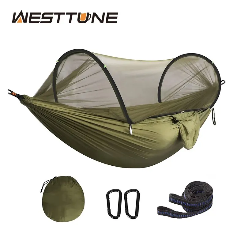 WESTTUNE 3-in-1 Camping-Hängematte mit Moskitonetz, automatische, schnell zu öffnende Nylon-Hängematte, Anti-Mücken-Hängematte für den Außenbereich Image