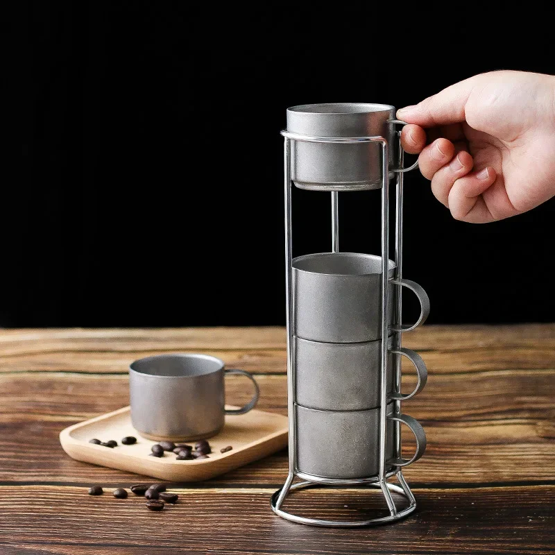 100 ml Espressotassen-Set, doppelwandig, Verbrühungsschutz, Kaffeetassen-Set aus Edelstahl 304, Retro-Industrie, mit Aufbewahrungsregal, Kaffeetassen