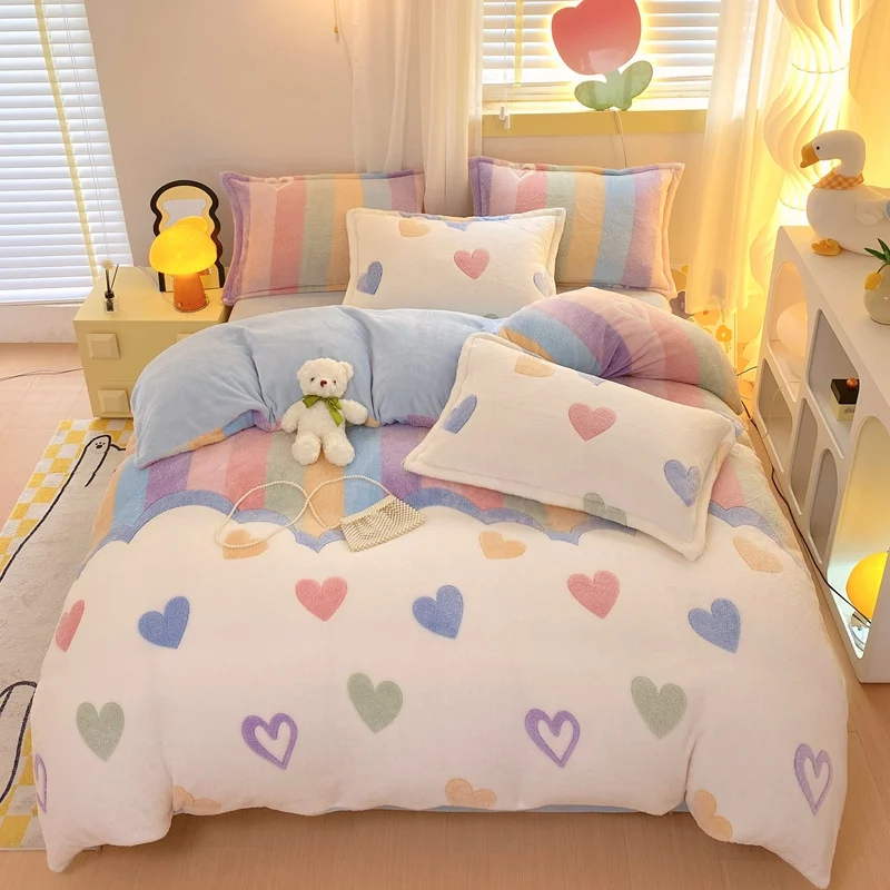 Winter-Flanell-Bettbezug, Regenbogenfarben, zweifarbig, weich, warm, gemütlich, dicker Trösterbezug für Erwachsene, Kinder, Königin, König Image