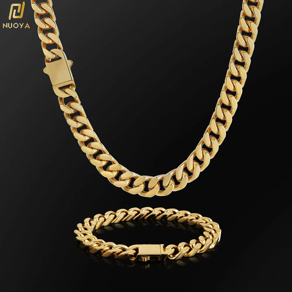 18k Gold Überzogene Chunky Halskette Hohe Poliert Edelstahl Miami Wohnung Curb Cuban Link Kette Für Männer Image