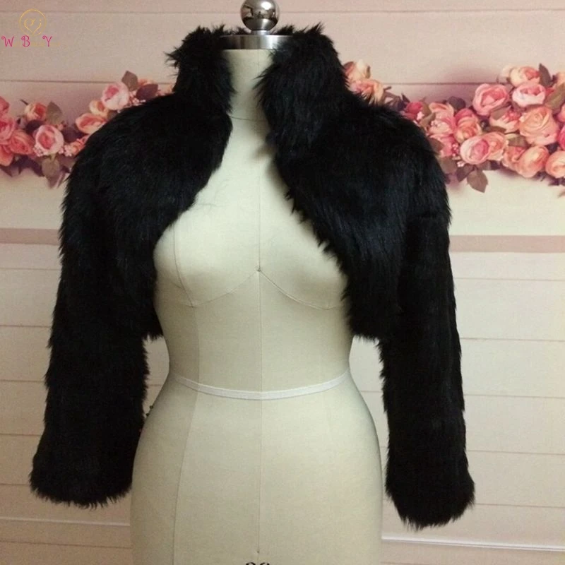 Mode Hochzeit Bolero Schwarz Elfenbein Weiß Faux Pelz Mantel Braut Wrap Langarm Jacke Schal Cape Stola Gefälschte Pelz Brautjungfern cape Image