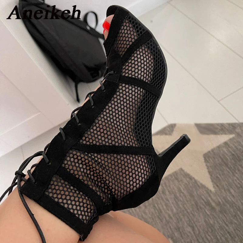 Aneikeh 7 CM Mittleren Absatz Tanz Aushöhlen Ankle Strap Sandale Stiefel 2025 Mode Sommer Lace Up Kreuz-gebunden peep Toe Dame Schuhe
