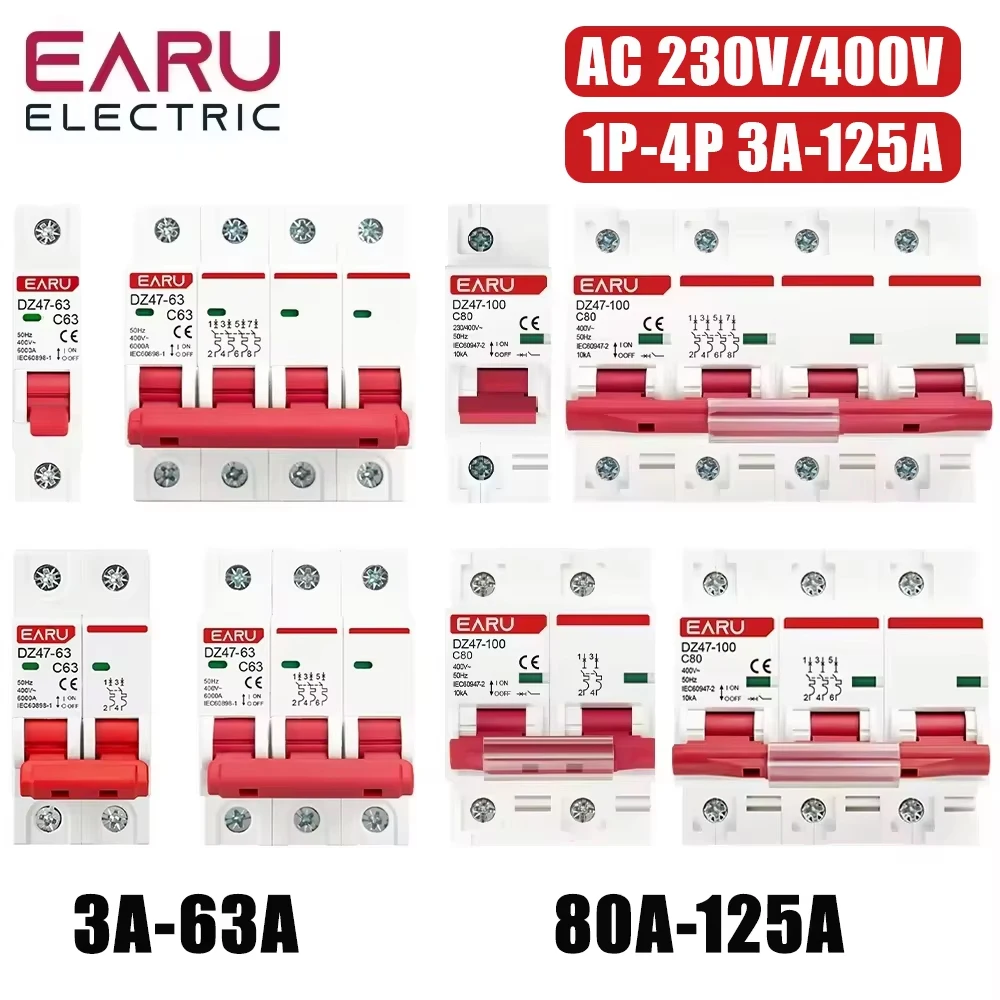 1P 2P 3P 4P DZ47 3A-125A AC 230V 400V Typ C Mini-Leitungsschutzschalter MCB Kurzschluss-Überlastschutz DIN-Schienenmontage Abschaltleistung Image