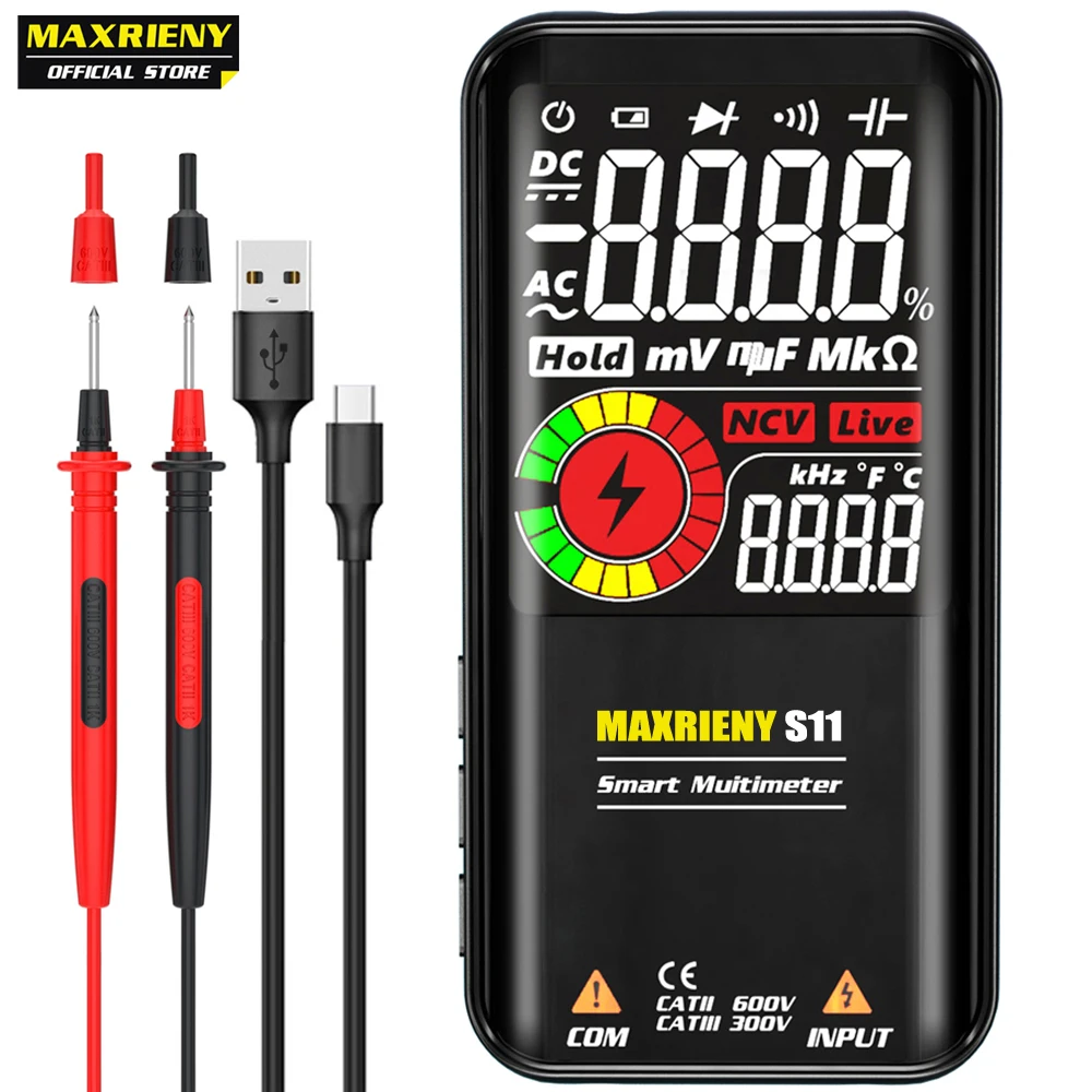 MAXRIENY Digital Multimeter A10 S11 9999 Smart DC AC Spannung Kondensator Ohm Diode NCV Hz Tester DMM mit akku Image