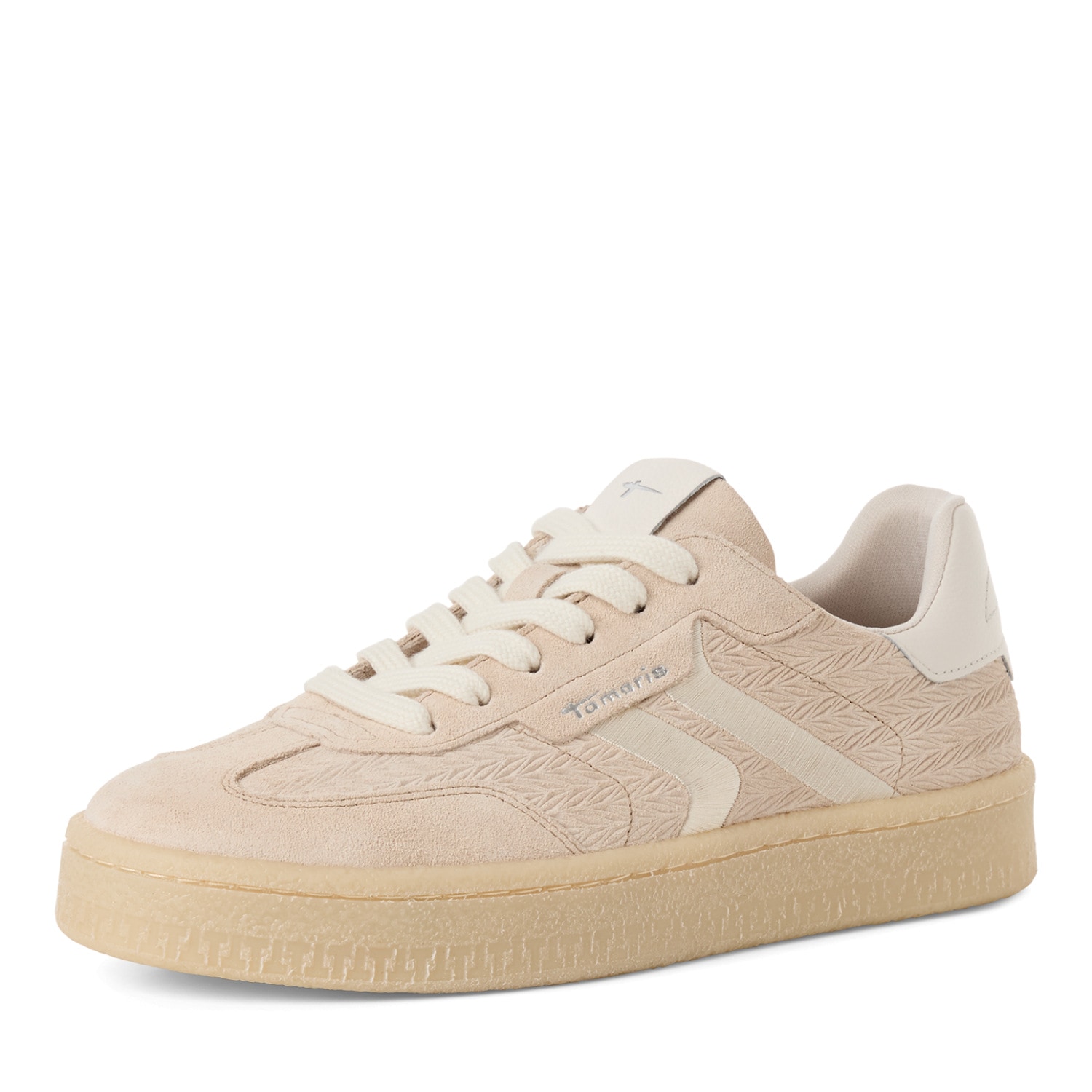 Plateausneaker TAMARIS, Damen, Gr. 36, beige, weiß, Glattleder, Veloursleder, Fischgratmuster, unifarben mit Farbeinsatz, Schuhe Plateausneaker, Freizeitschuh, Halbschuh, Schnürschuh mit gepolstertem Schaftrand