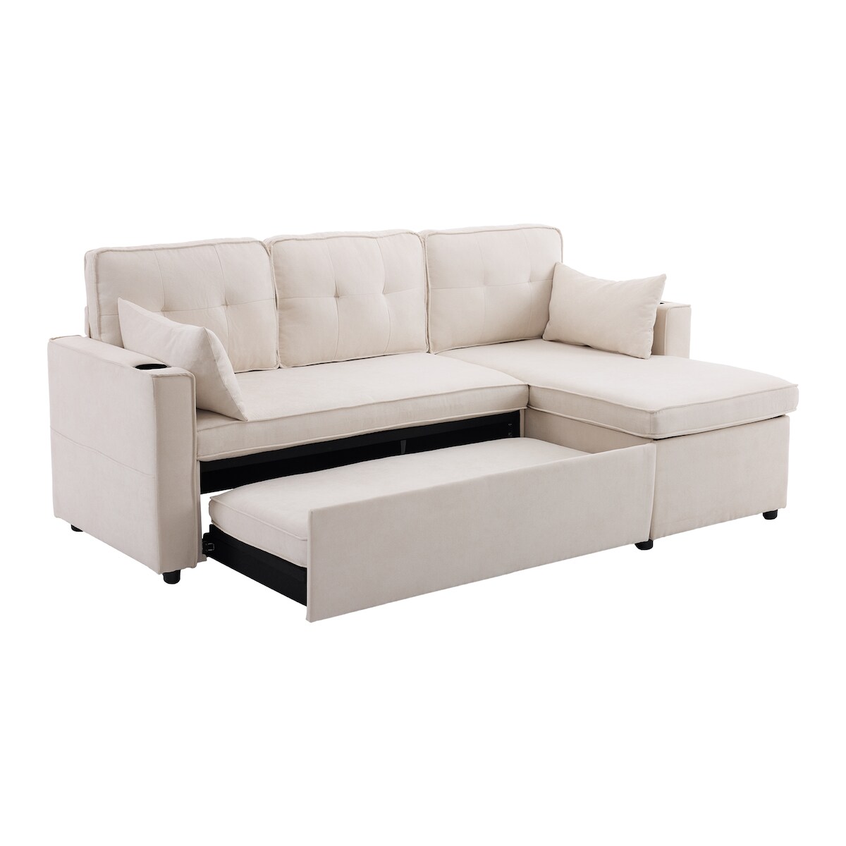 OKWISH Schlafsofa 211x130x86 ausziehbar multifunktional mit Stauraum Chaiselongue Liegefläche Getränkehalter 2 Kissen Beige Image