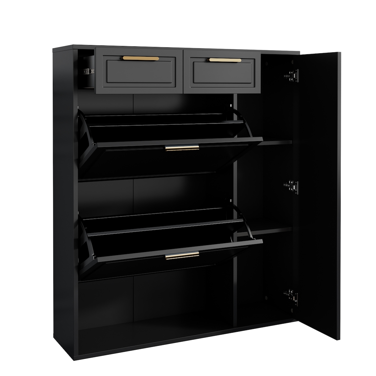 OKWISH Schuhschrank 95x24x107 Schwarz mit 2 Schubladen verstellbare Regale stabile Metallgriffe Anti-Kipp Vorrichtung Spanplatte MDF Eingangsbereich Flur Image