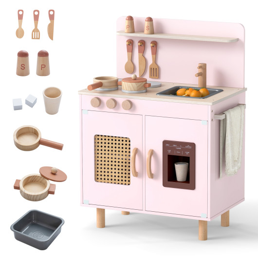 Costway Wooden Pretend Kitchen Playset with Realistic Ice Maker-Pink